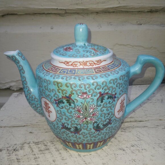 Chinese Vintage Porcelain Sky Blue/Turquoise Zhongguo Jingdezhen Teapot